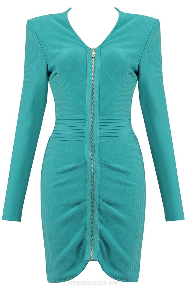 Herve Leger Green Long Sleeve Ruched Zipper Dress