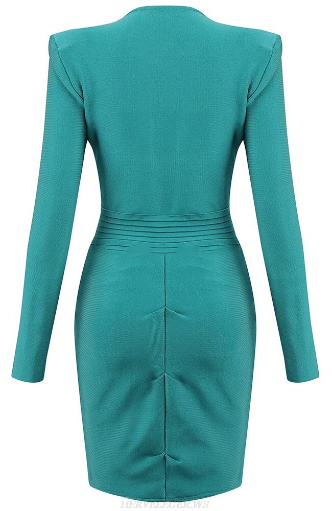 Herve Leger Green Long Sleeve Ruched Zipper Dress