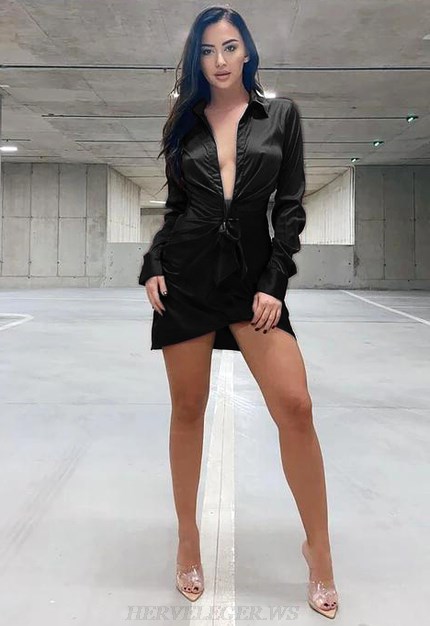 Herve Leger Black Long Sleeve Satin Shirt Dress