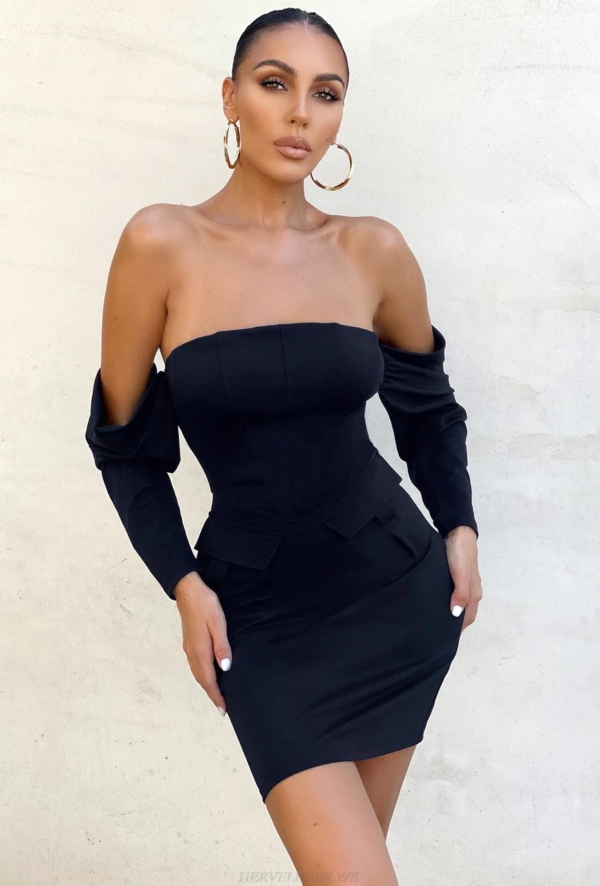 Herve Leger Black Long Sleeve Structured Bardot Dress