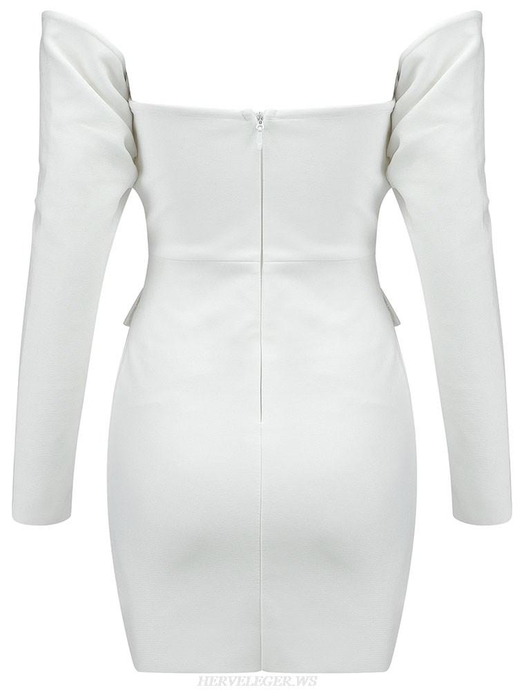 Herve Leger White Long Sleeve Structured Bardot Dress