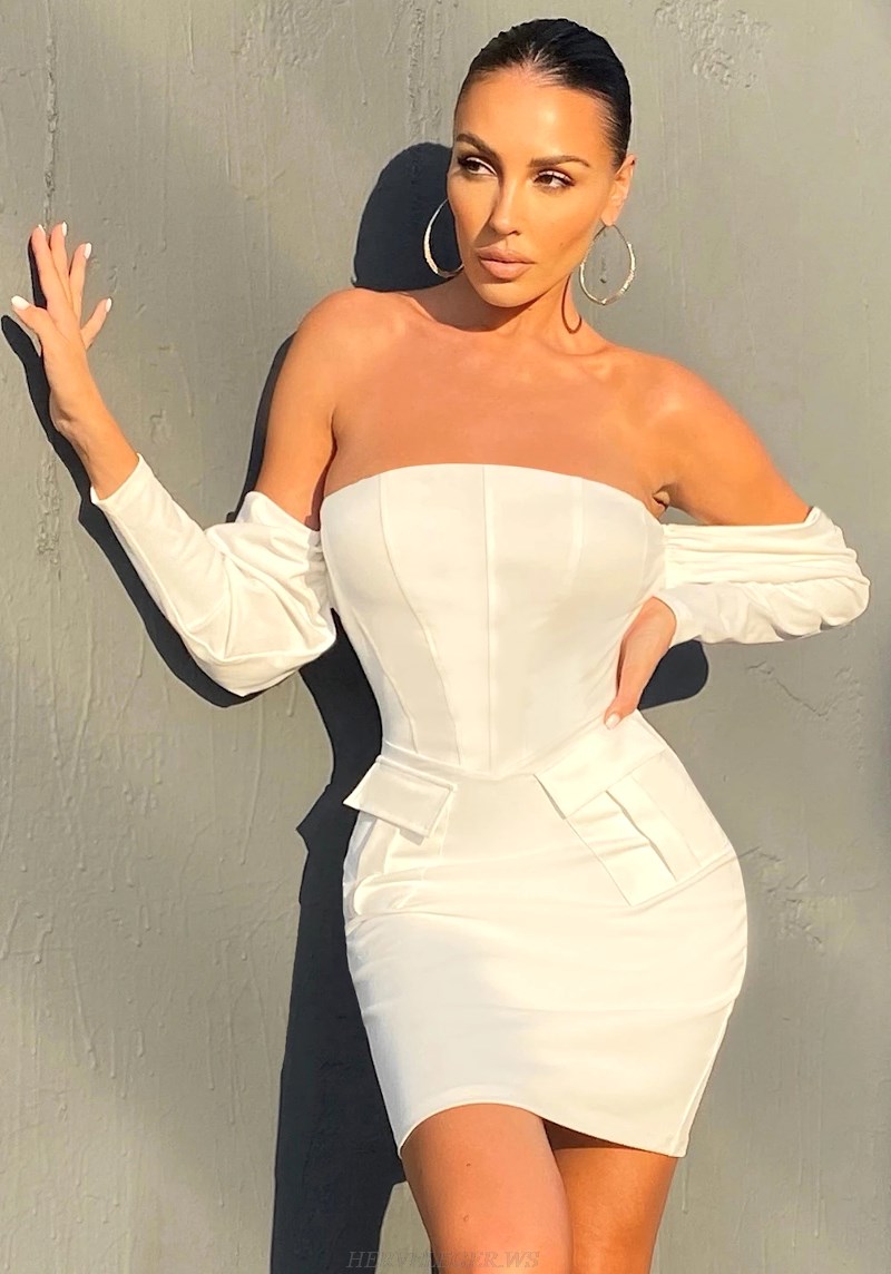 Herve Leger White Long Sleeve Structured Bardot Dress