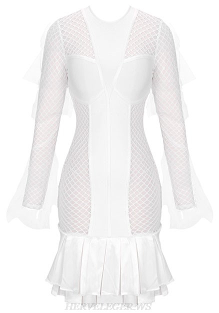 Herve Leger White Long Sleeve Structured Fluted Dress