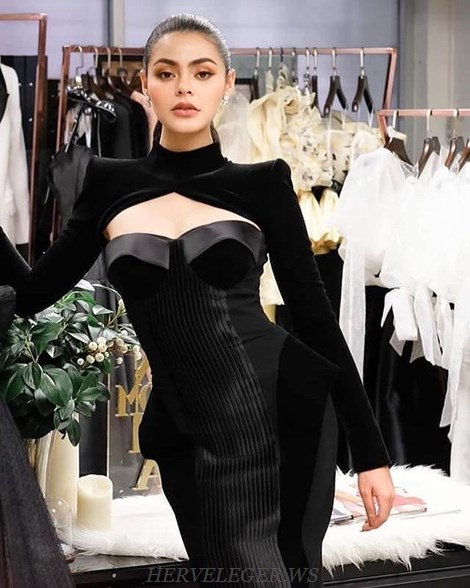 Herve Leger Black Long Sleeve Structured Dress