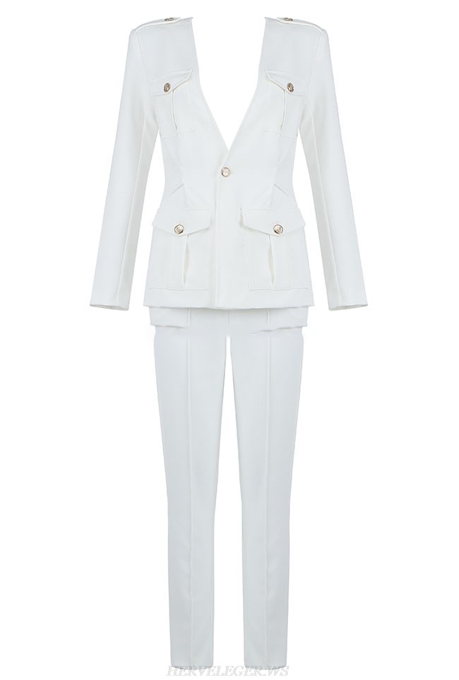 Herve Leger White Long Sleeve Suit