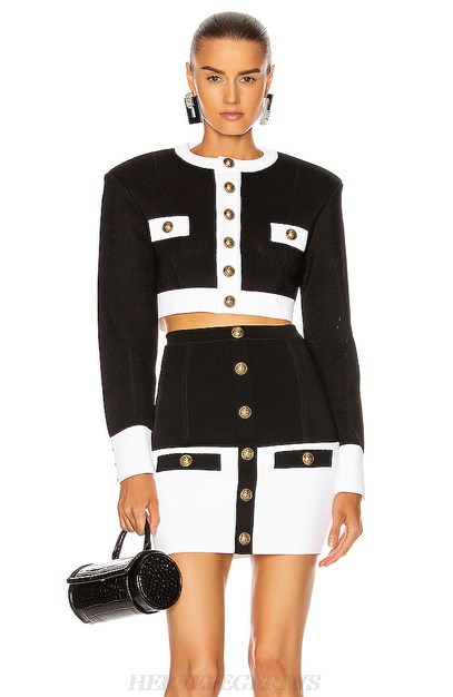 Herve Leger Black White Long Sleeve Two Piece Dress