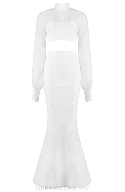 Herve Leger White Long Sleeve Two Piece Gown
