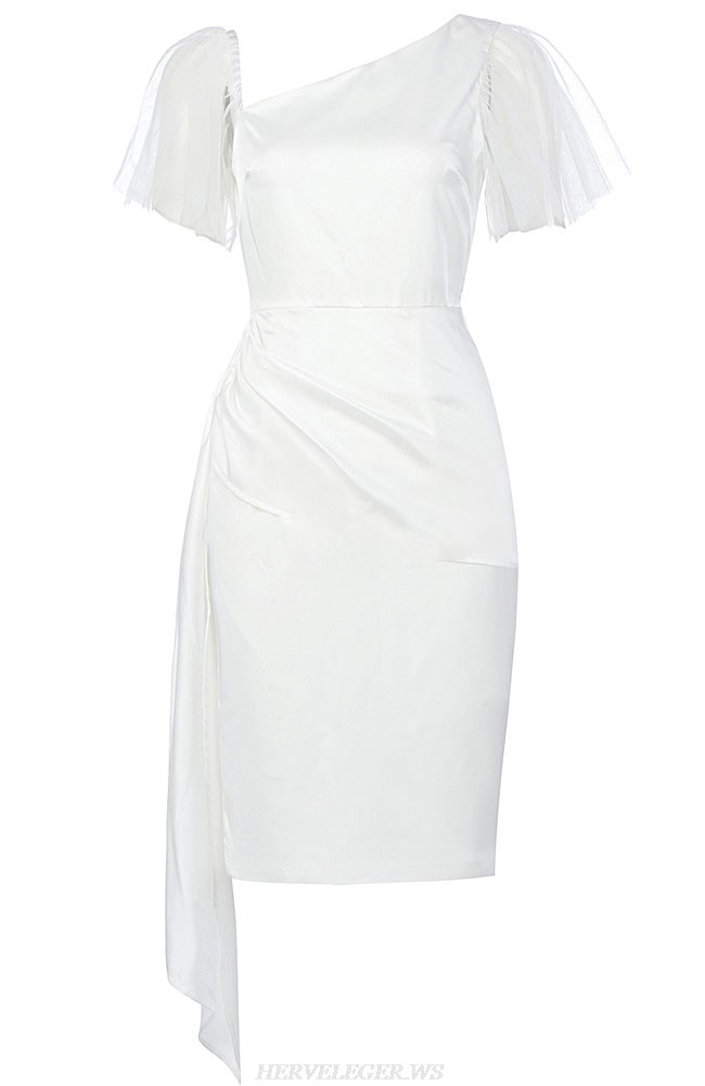 Herve Leger White Mesh Sleeve Draped Dress