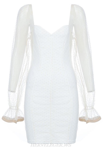 Herve Leger White Nude Mesh Sleeve Dress