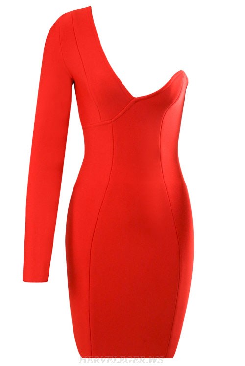 Herve Leger Red One Shoulder Dress