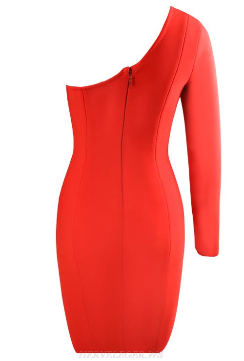 Herve Leger Red One Shoulder Dress