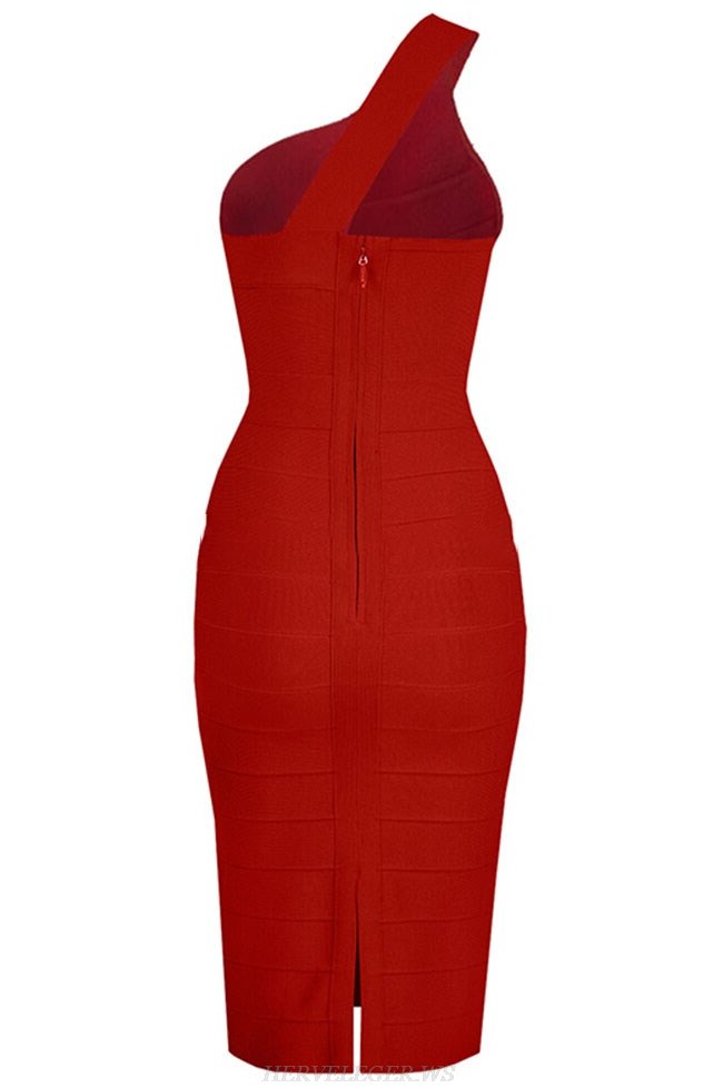 Herve Leger Red One Shoulder Dress