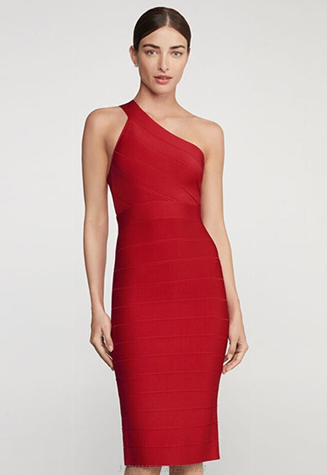 Herve Leger Red One Shoulder Dress