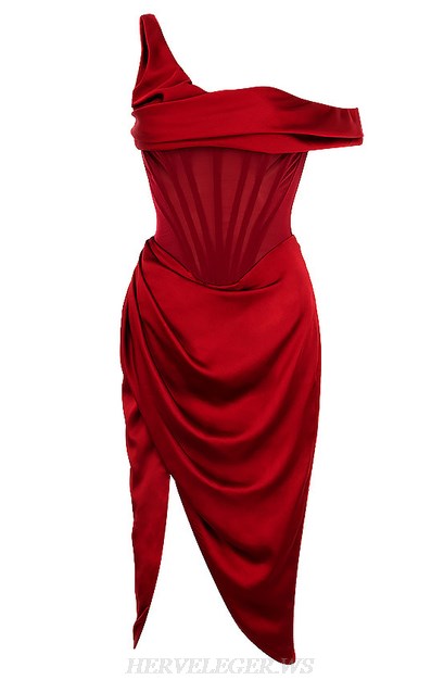 Herve Leger Red One Sleeve Bardot Draped Satin Dress