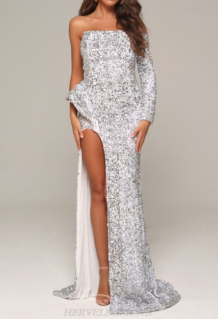 Herve Leger Silver One Sleeve Bardot Sequin Gown