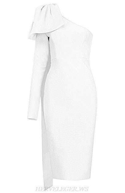 Herve Leger White One Sleeve Bow Dress