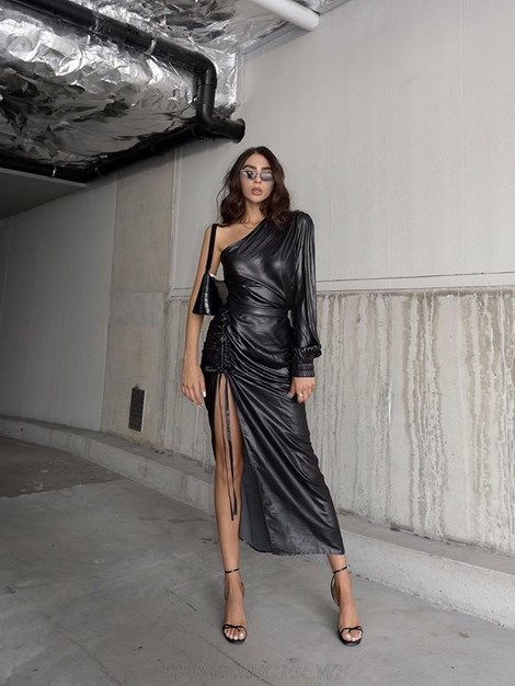 Herve Leger Black One Sleeve Ruched Dress