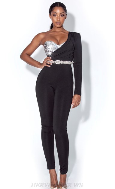 Herve Leger Black Silver One Sleeve Sequin Insert Jumpsuit 