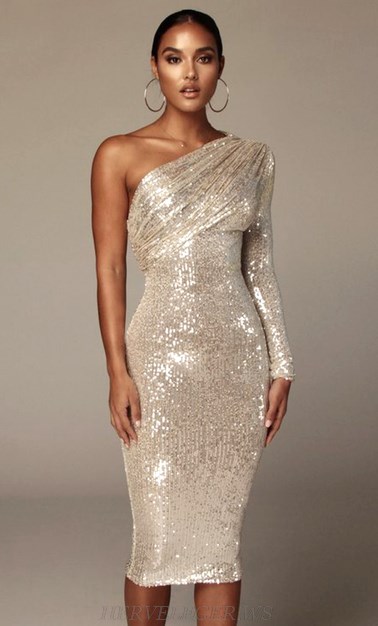 Herve Leger Silver One Sleeve Sequin Dress