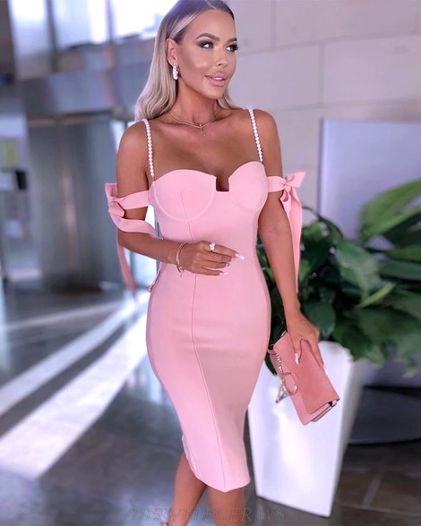 Herve Leger Pink Pearl Strap Bardot Bustier Dress