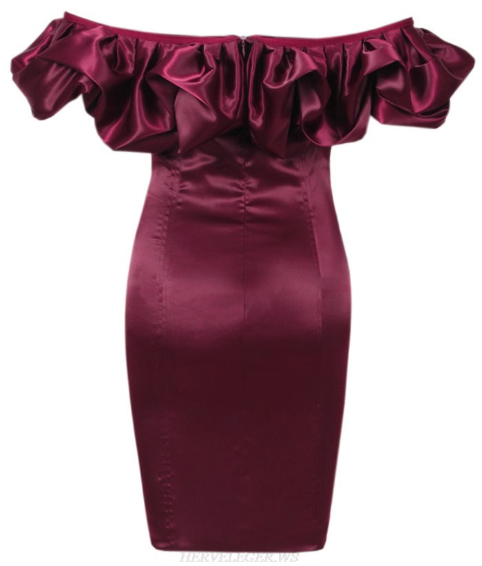 Herve Leger Burgundy Puff Bardot Satin Dress
