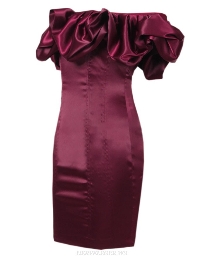Herve Leger Burgundy Puff Bardot Satin Dress