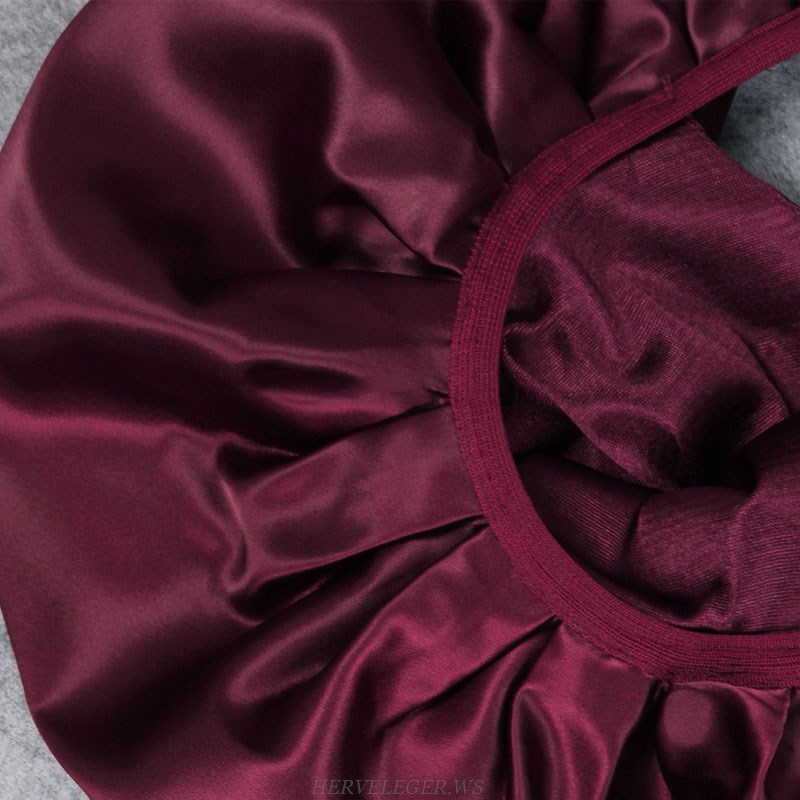 Herve Leger Burgundy Puff Bardot Satin Dress