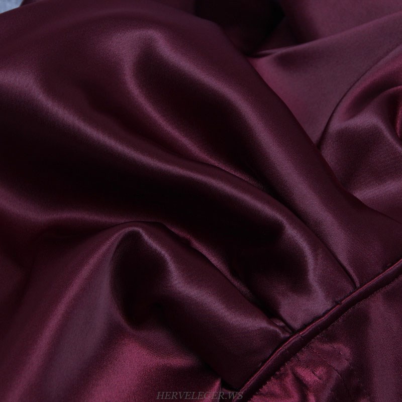 Herve Leger Burgundy Puff Bardot Satin Dress
