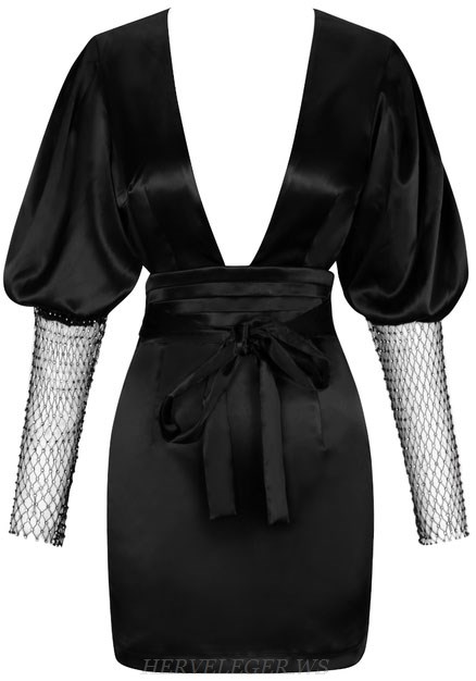 Herve Leger Black Puff Embellished Sleeve Dress