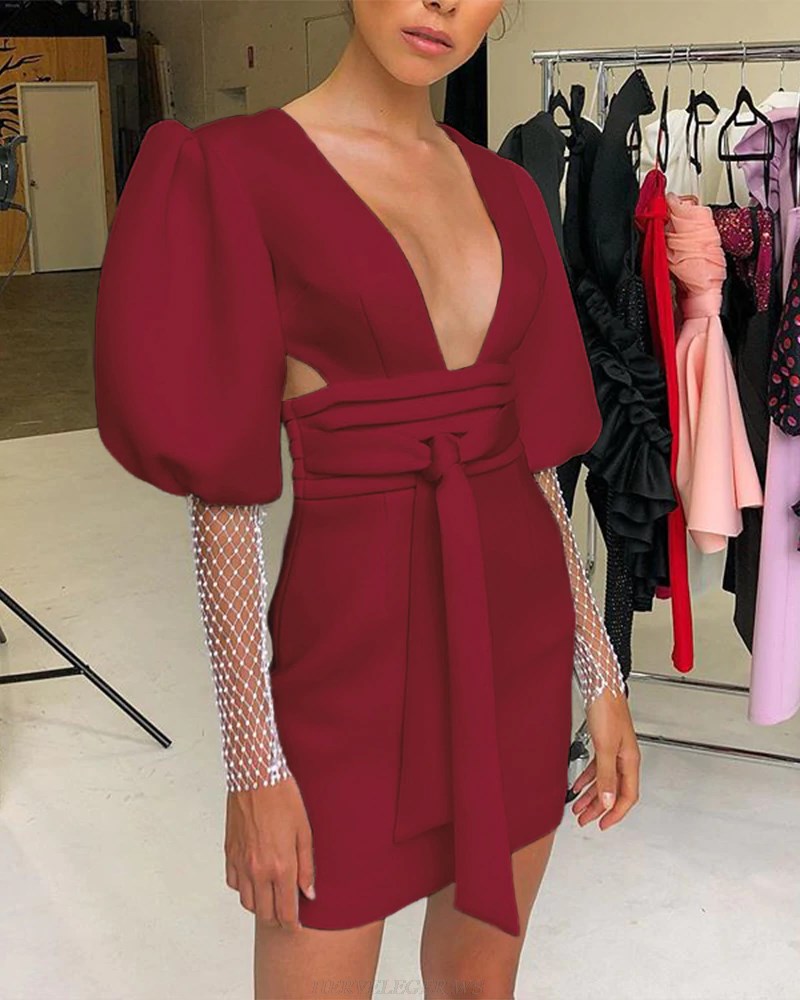 Herve Leger Burgundy Puff Embellished Sleeve Dress