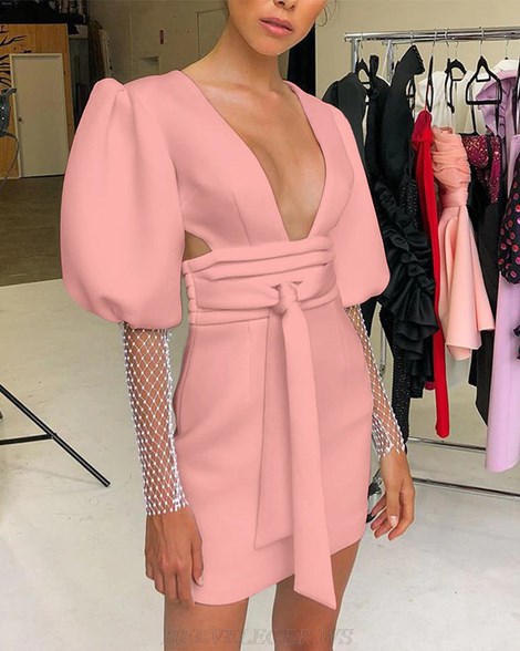 Herve Leger Pink Puff Embellished Sleeve Dress
