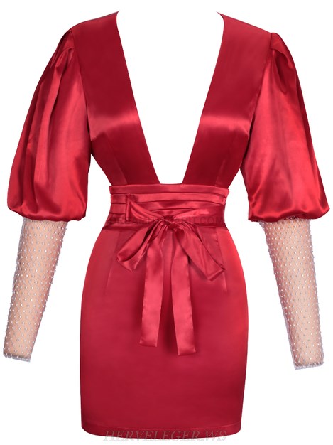 Herve Leger Red Puff Embellished Sleeve Dress