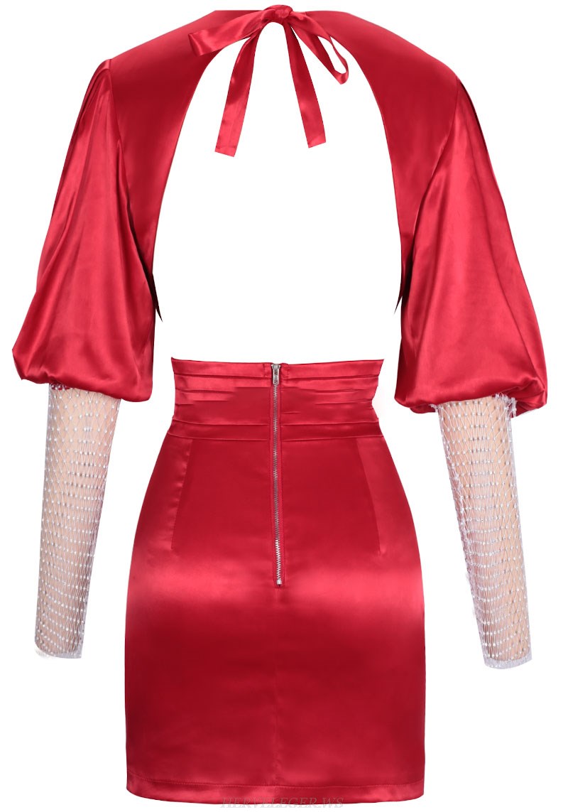 Herve Leger Red Puff Embellished Sleeve Dress
