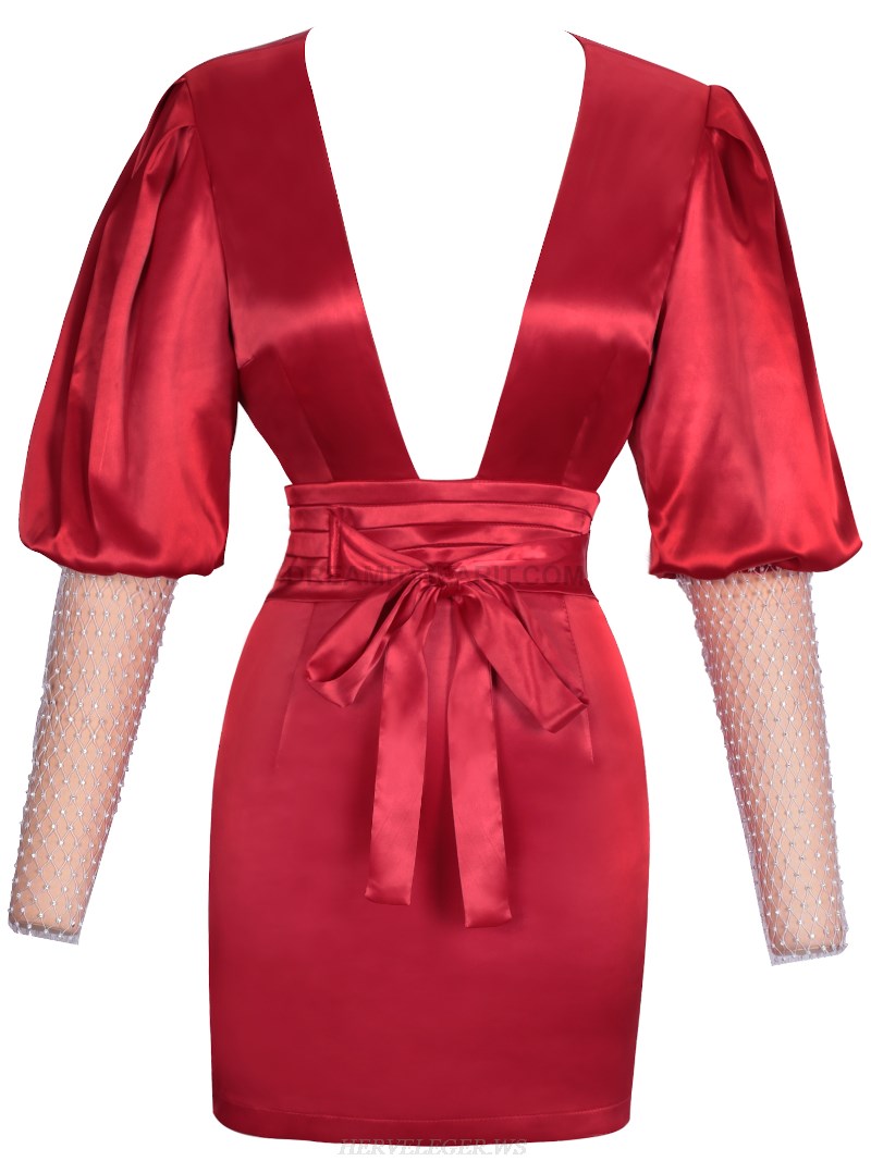Herve Leger Red Puff Embellished Sleeve Dress