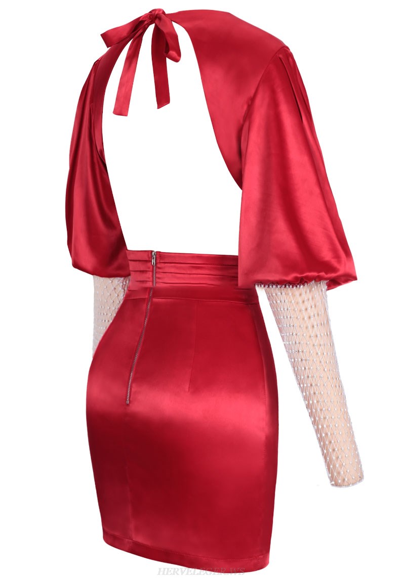 Herve Leger Red Puff Embellished Sleeve Dress