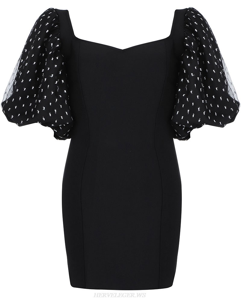 Herve Leger Black Puff Short Sleeve Dress