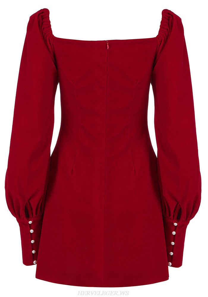 Herve Leger Red Puff Sleeve A Line Dress