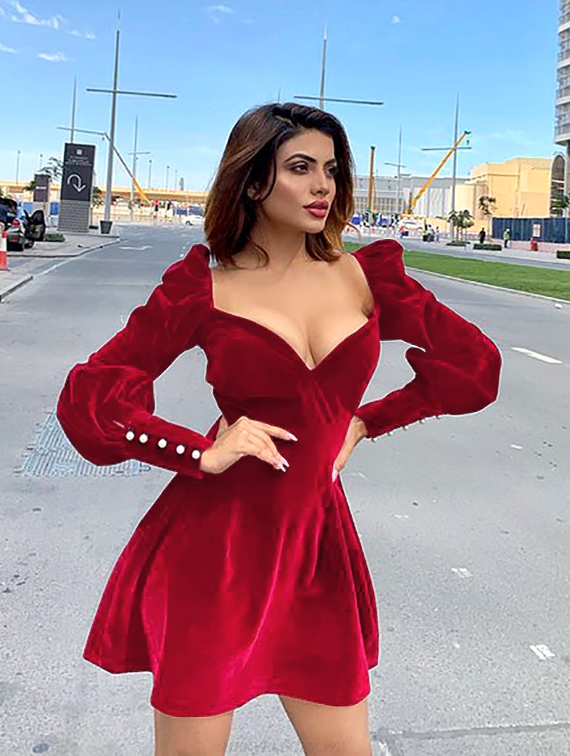 Herve Leger Red Puff Sleeve A Line Dress