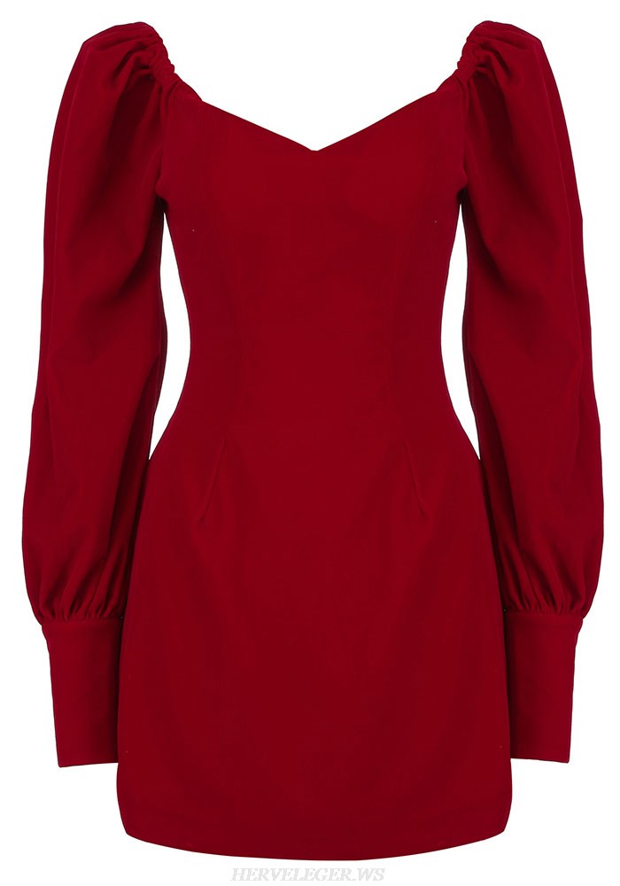 Herve Leger Red Puff Sleeve A Line Dress