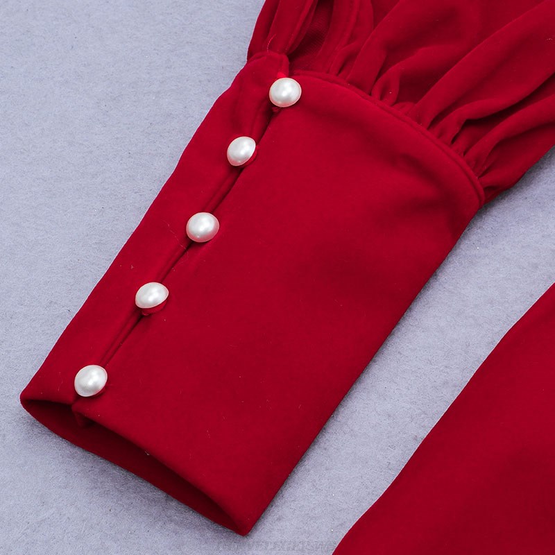 Herve Leger Red Puff Sleeve A Line Dress