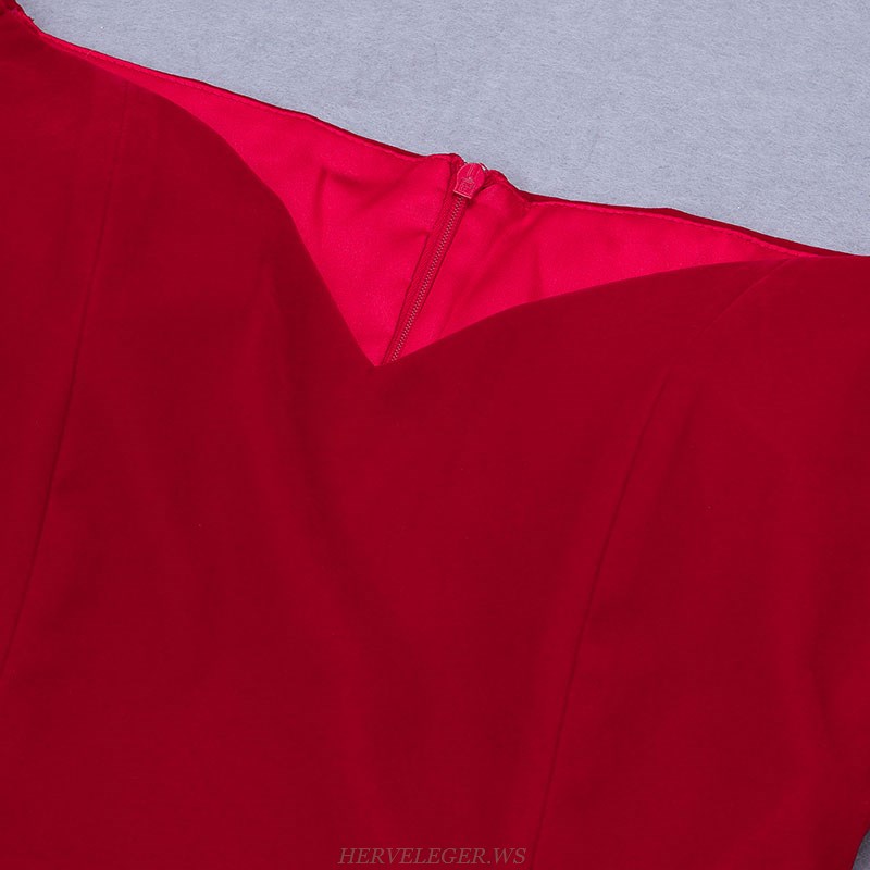 Herve Leger Red Puff Sleeve A Line Dress