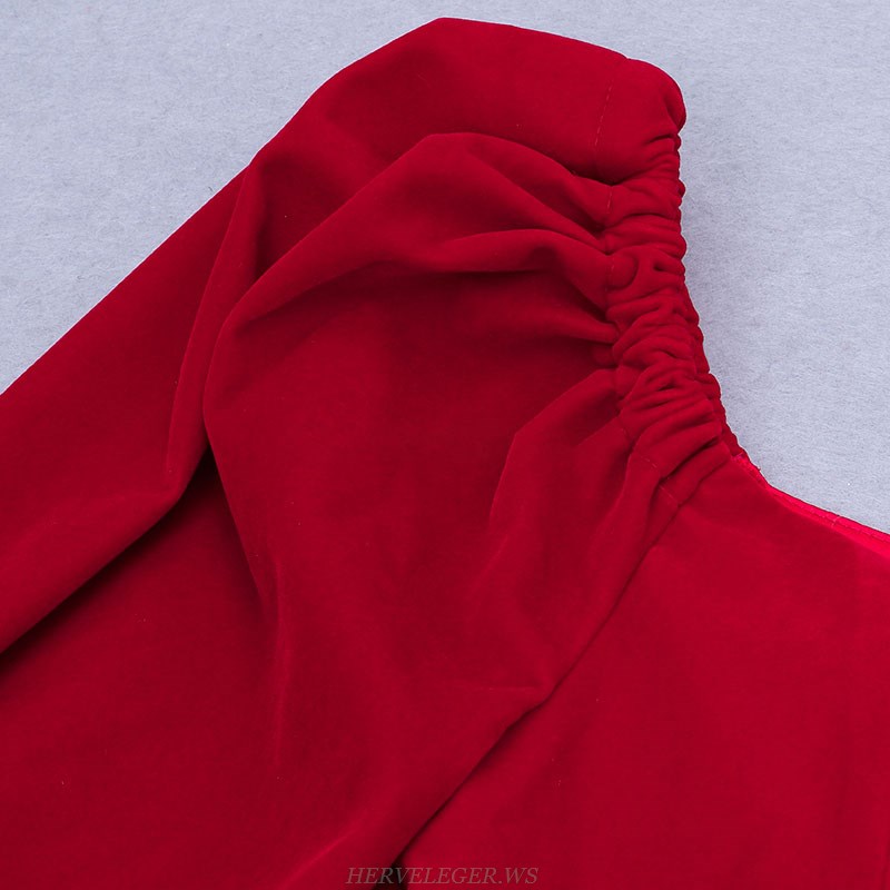 Herve Leger Red Puff Sleeve A Line Dress