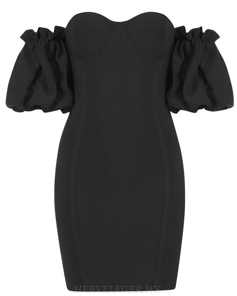 Herve Leger Black Puff Sleeve Bardot Bustier Dress