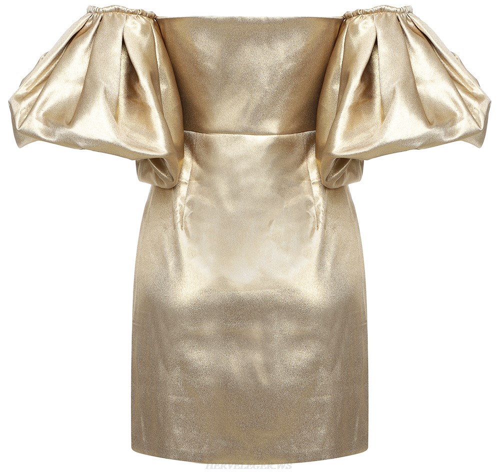Herve Leger Gold Puff Sleeve Bardot Dress