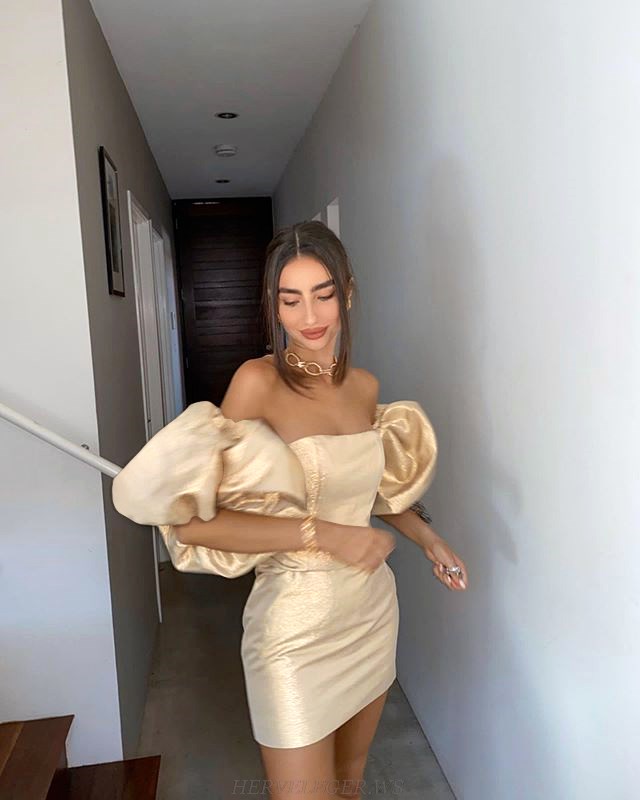 Herve Leger Gold Puff Sleeve Bardot Dress
