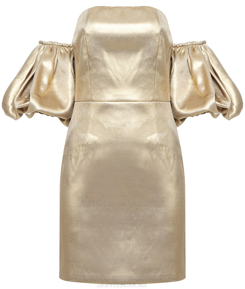 Herve Leger Gold Puff Sleeve Bardot Dress