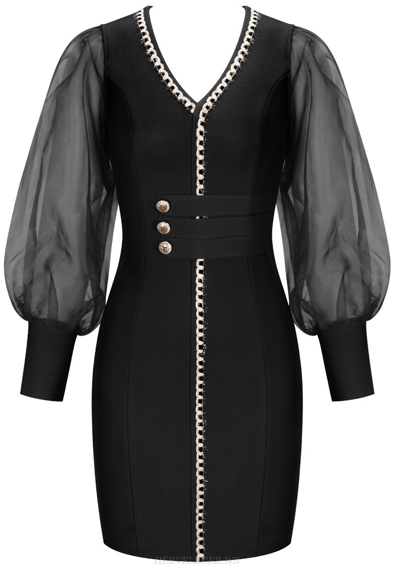 Herve Leger Black Puff Sleeve Crochet Trim Dress