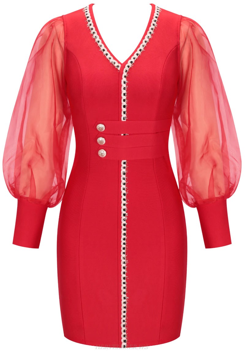 Herve Leger Red Puff Sleeve Crochet Trim Dress