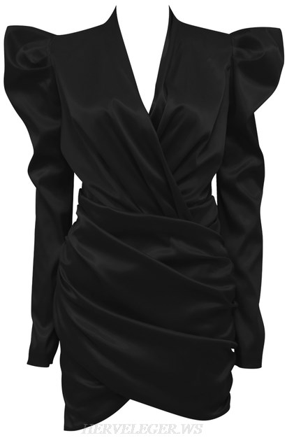 Herve Leger Black Puff Sleeve Draped Satin Dress