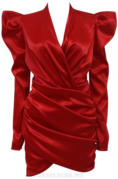 Herve Leger Red Puff Sleeve Draped Satin Dress